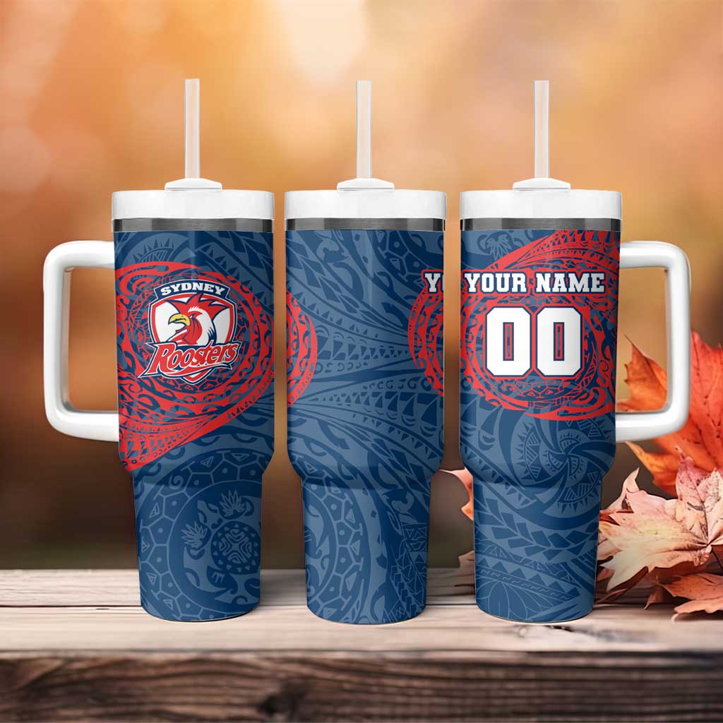 Personalized Sydney Roosters Tumbler With Handle Polynesian Tribal Chest and Sleeve Tattoo