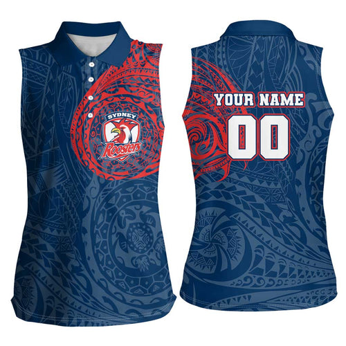 Personalized Sydney Roosters Women Sleeveless Polo Shirt Polynesian Tribal Chest and Sleeve Tattoo