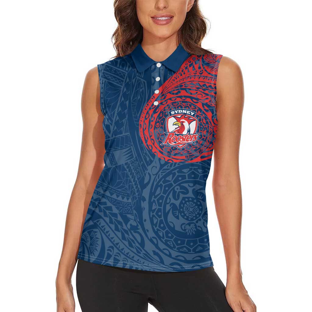 Personalized Sydney Roosters Women Sleeveless Polo Shirt Polynesian Tribal Chest and Sleeve Tattoo