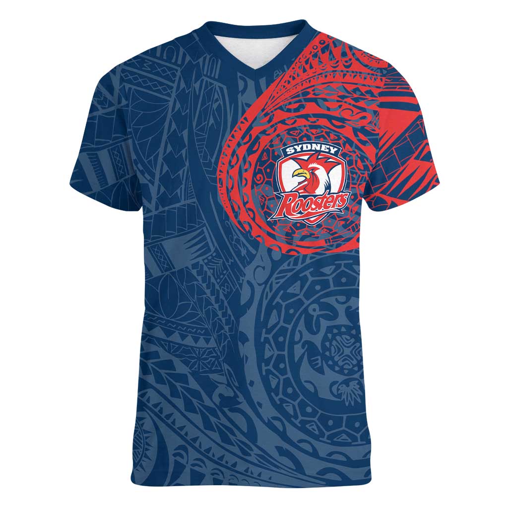 Personalized Sydney Roosters Women V-Neck T-Shirt Polynesian Tribal Chest and Sleeve Tattoo