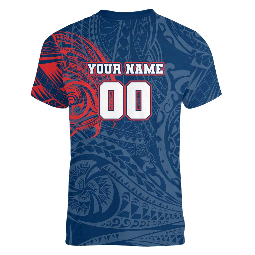 Personalized Sydney Roosters Women V-Neck T-Shirt Polynesian Tribal Chest and Sleeve Tattoo