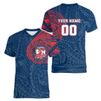 Personalized Sydney Roosters Women V-Neck T-Shirt Polynesian Tribal Chest and Sleeve Tattoo