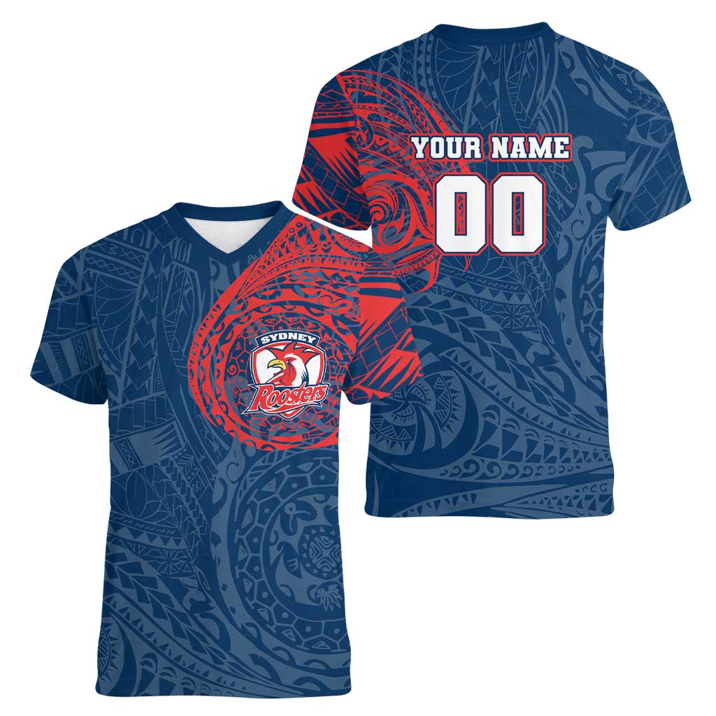 Personalized Sydney Roosters Women V-Neck T-Shirt Polynesian Tribal Chest and Sleeve Tattoo