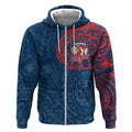 Personalized Sydney Roosters Zip Hoodie Polynesian Tribal Chest and Sleeve Tattoo