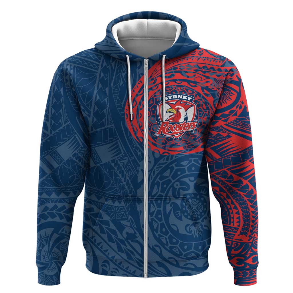 Personalized Sydney Roosters Zip Hoodie Polynesian Tribal Chest and Sleeve Tattoo