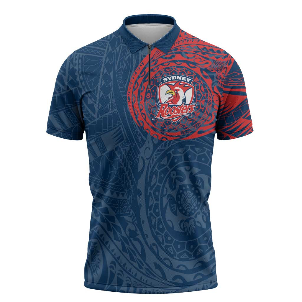 Personalized Sydney Roosters Zipper Polo Shirt Polynesian Tribal Chest and Sleeve Tattoo