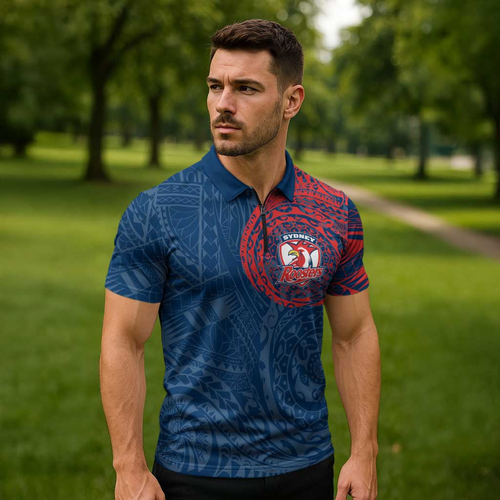 Personalized Sydney Roosters Zipper Polo Shirt Polynesian Tribal Chest and Sleeve Tattoo