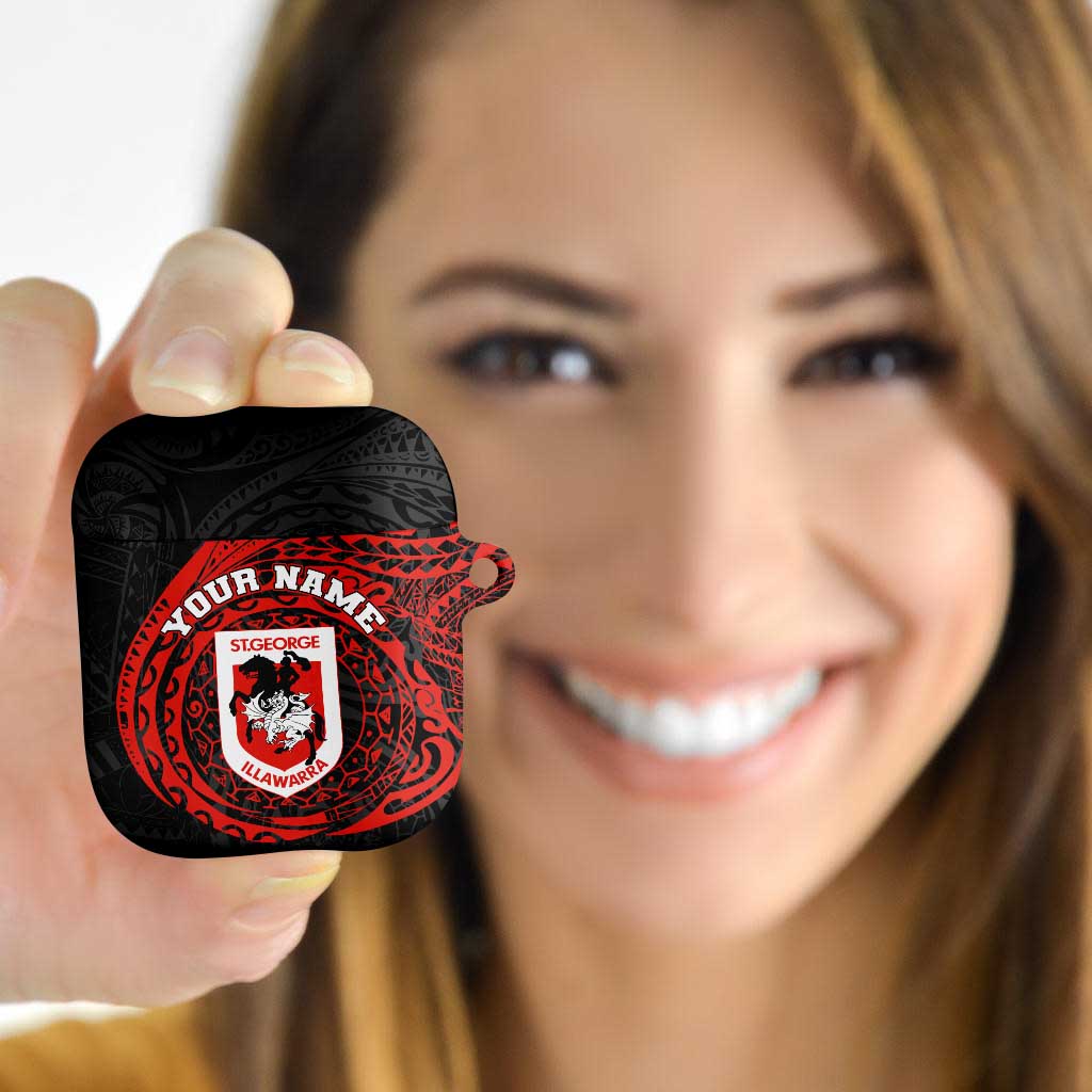 Personalized St George Illawarra Dragons AirPods Case Polynesian Tribal Chest and Sleeve Tattoo
