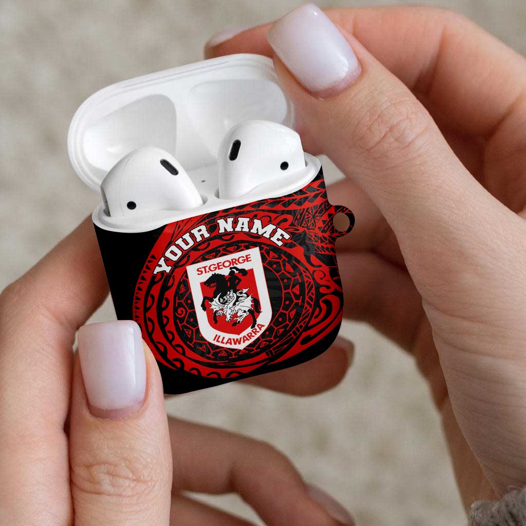 Personalized St George Illawarra Dragons AirPods Case Polynesian Tribal Chest and Sleeve Tattoo