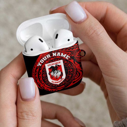 Personalized St George Illawarra Dragons AirPods Case Polynesian Tribal Chest and Sleeve Tattoo