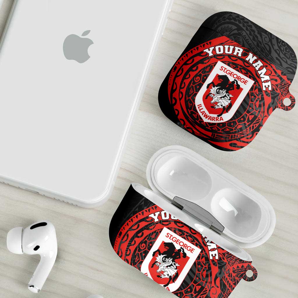 Personalized St George Illawarra Dragons AirPods Case Polynesian Tribal Chest and Sleeve Tattoo