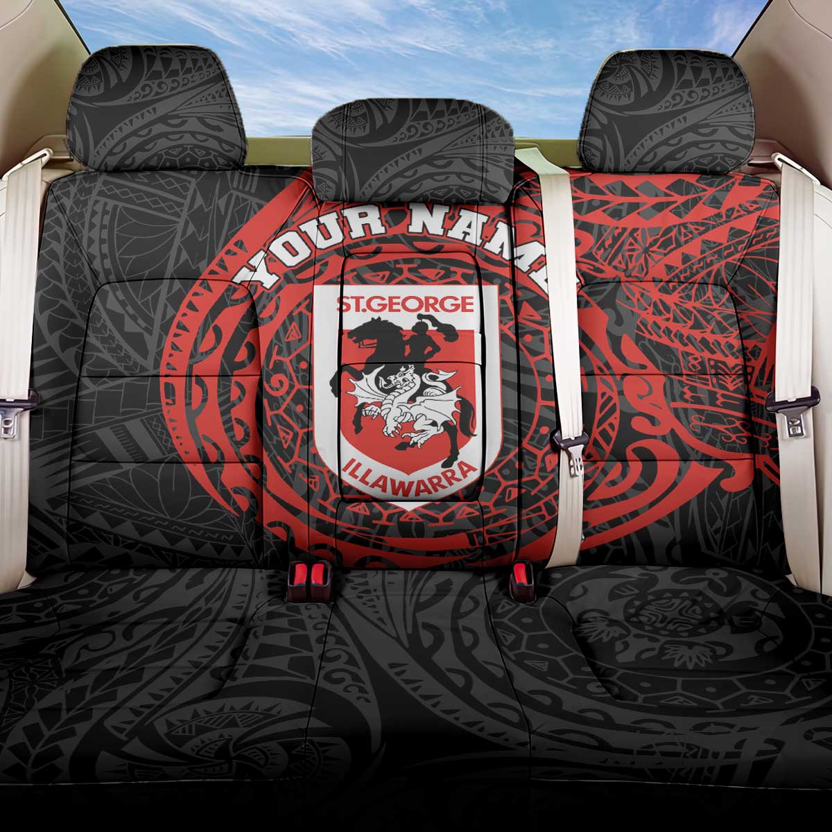 Personalized St George Illawarra Dragons Back Car Seat Cover Polynesian Tribal Chest and Sleeve Tattoo