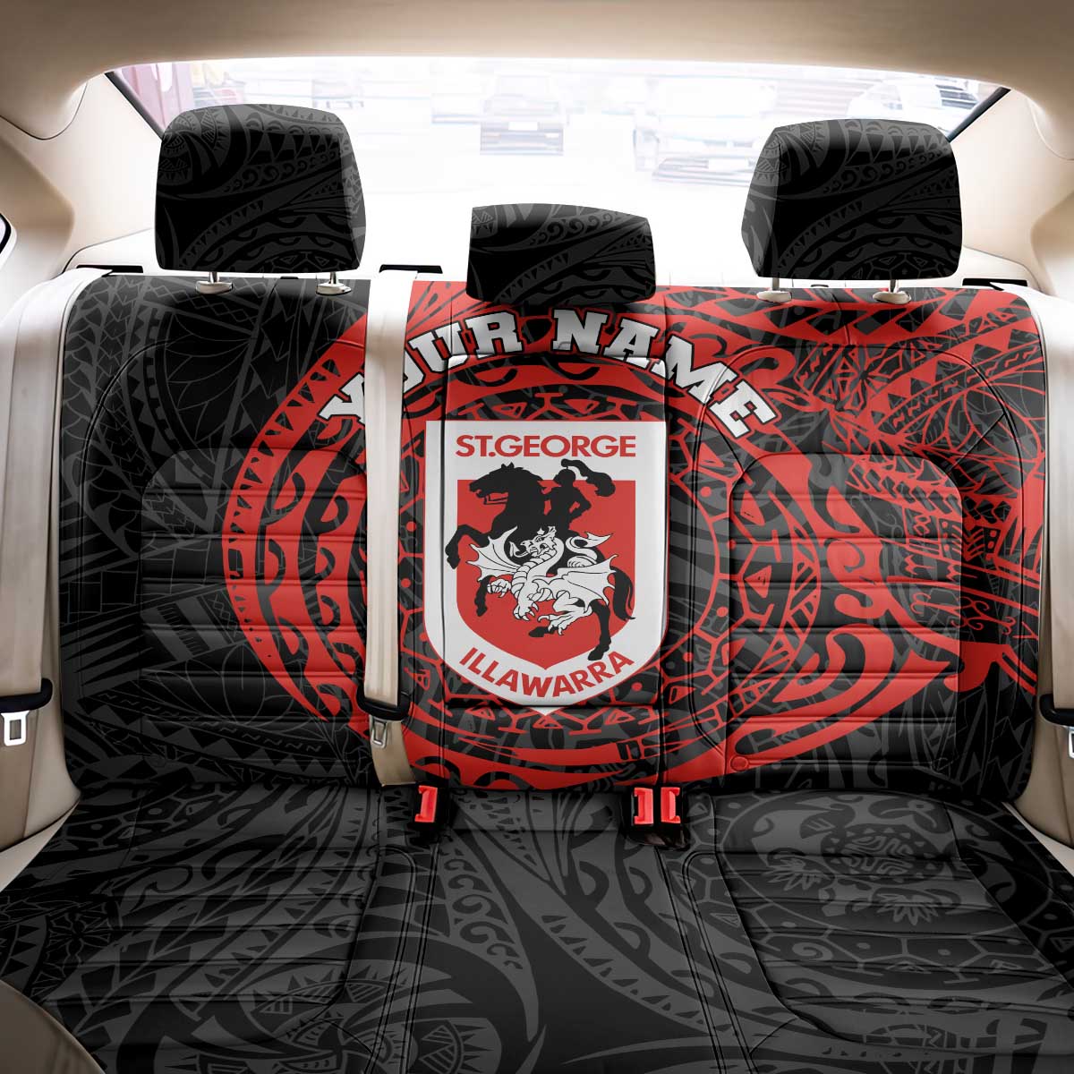 Personalized St George Illawarra Dragons Back Car Seat Cover Polynesian Tribal Chest and Sleeve Tattoo