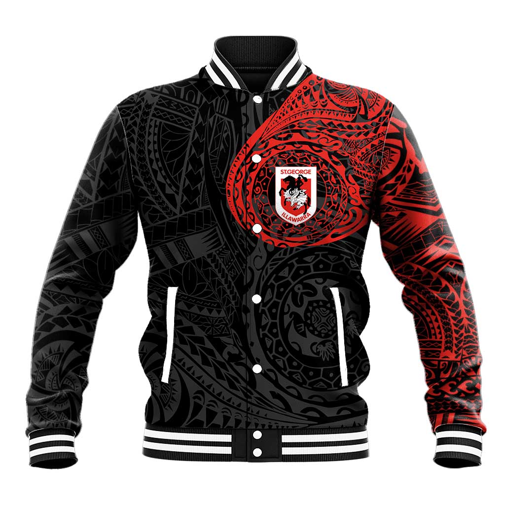 Personalized St George Illawarra Dragons Baseball Jacket Polynesian Tribal Chest and Sleeve Tattoo