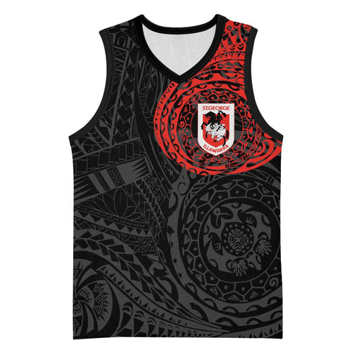 Personalized St George Illawarra Dragons Basketball Jersey Polynesian Tribal Chest and Sleeve Tattoo