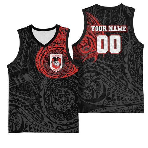 Personalized St George Illawarra Dragons Basketball Jersey Polynesian Tribal Chest and Sleeve Tattoo