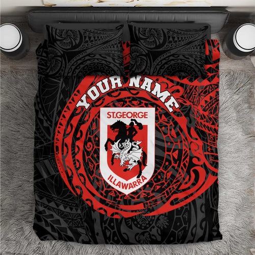 Personalized St George Illawarra Dragons Bedding Set Polynesian Tribal Chest and Sleeve Tattoo