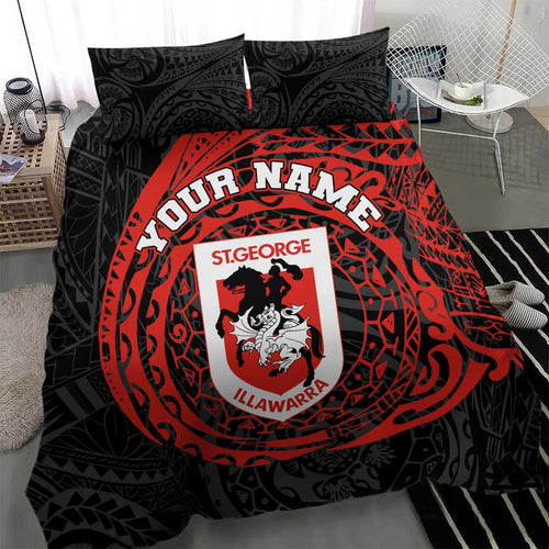 Personalized St George Illawarra Dragons Bedding Set Polynesian Tribal Chest and Sleeve Tattoo