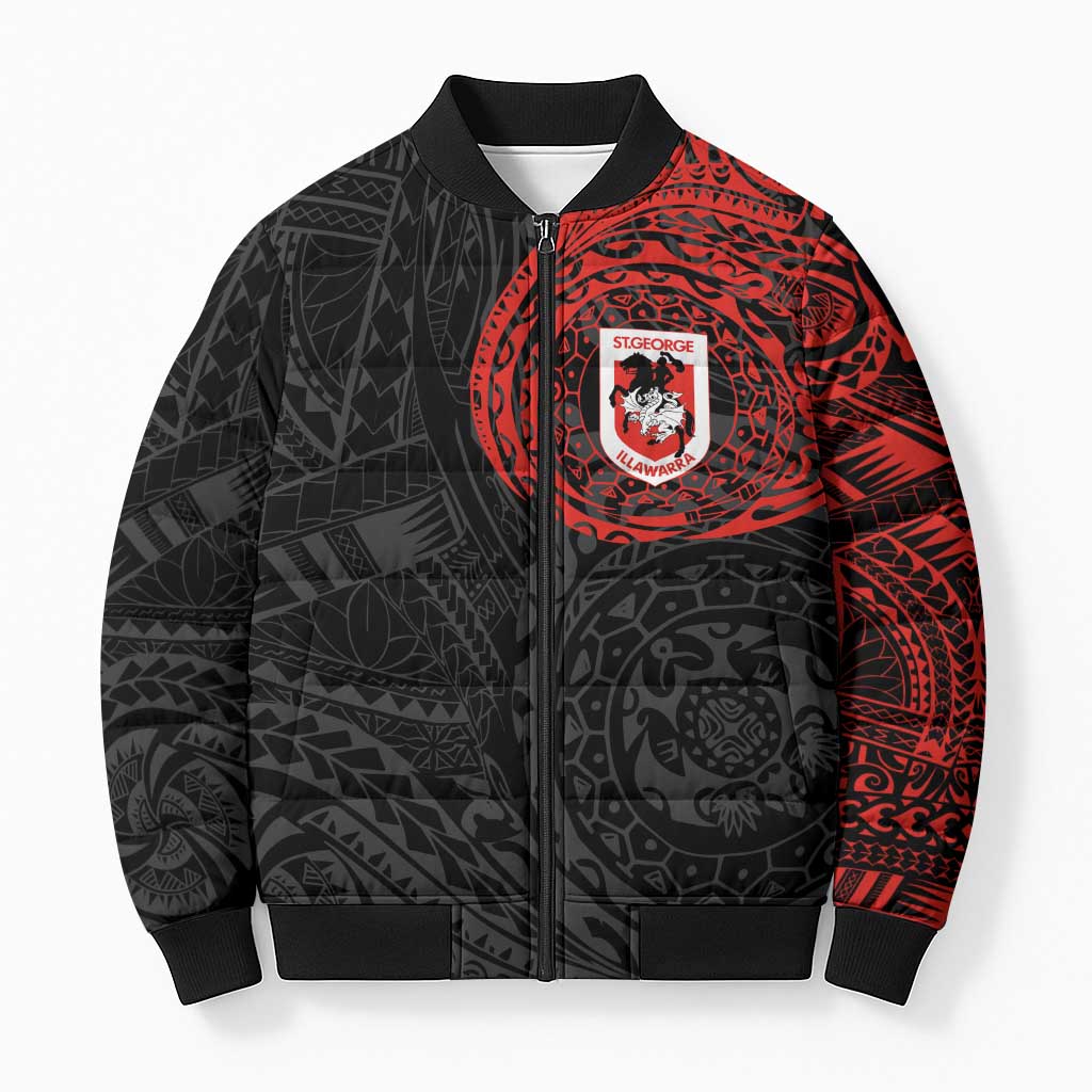 Personalized St George Illawarra Dragons Bomber Puffer Jacket Polynesian Tribal Chest and Sleeve Tattoo