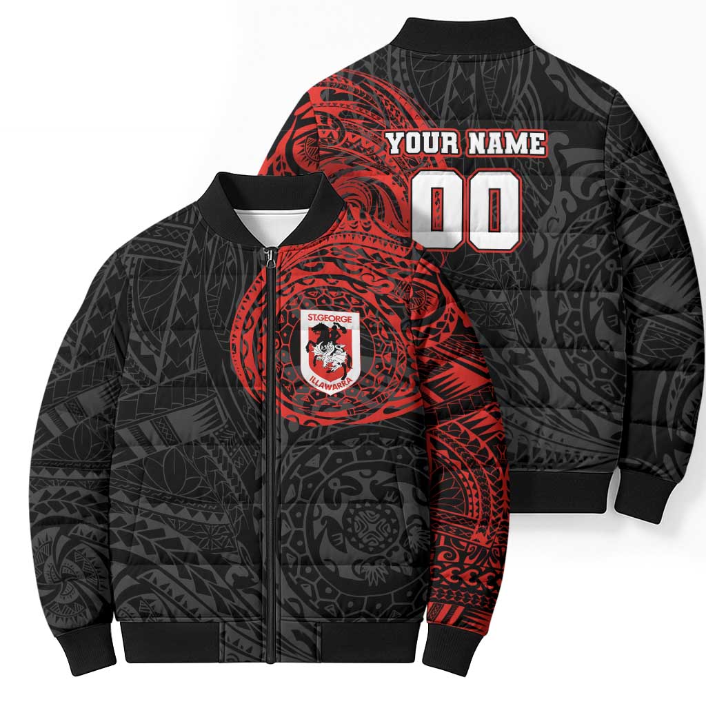 Personalized St George Illawarra Dragons Bomber Puffer Jacket Polynesian Tribal Chest and Sleeve Tattoo