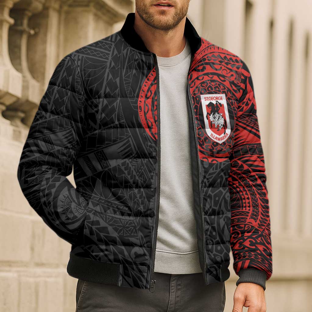 Personalized St George Illawarra Dragons Bomber Puffer Jacket Polynesian Tribal Chest and Sleeve Tattoo