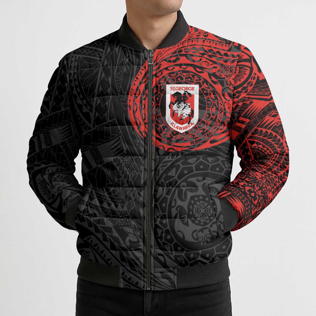 Personalized St George Illawarra Dragons Bomber Puffer Jacket Polynesian Tribal Chest and Sleeve Tattoo
