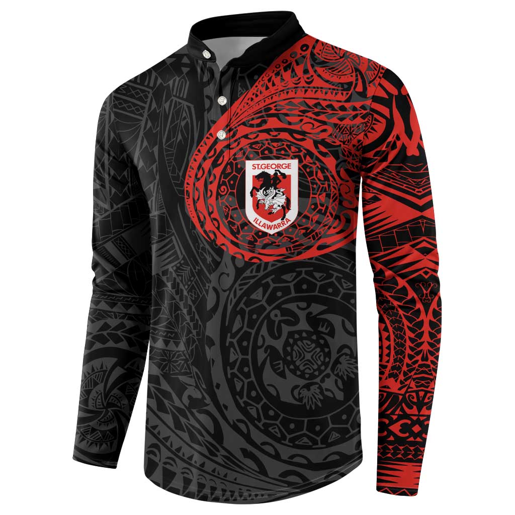 Personalized St George Illawarra Dragons Button Sweatshirt Polynesian Tribal Chest and Sleeve Tattoo