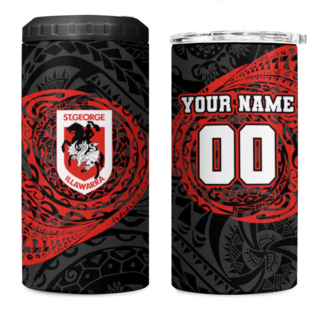 Personalized St George Illawarra Dragons 4 in 1 Can Cooler Tumbler Polynesian Tribal Chest and Sleeve Tattoo