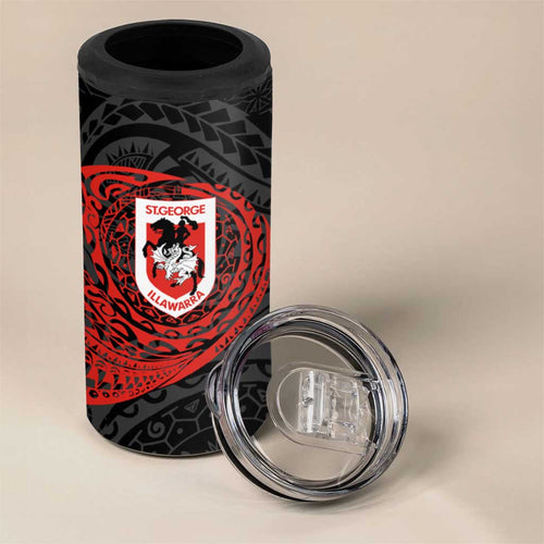 Personalized St George Illawarra Dragons 4 in 1 Can Cooler Tumbler Polynesian Tribal Chest and Sleeve Tattoo