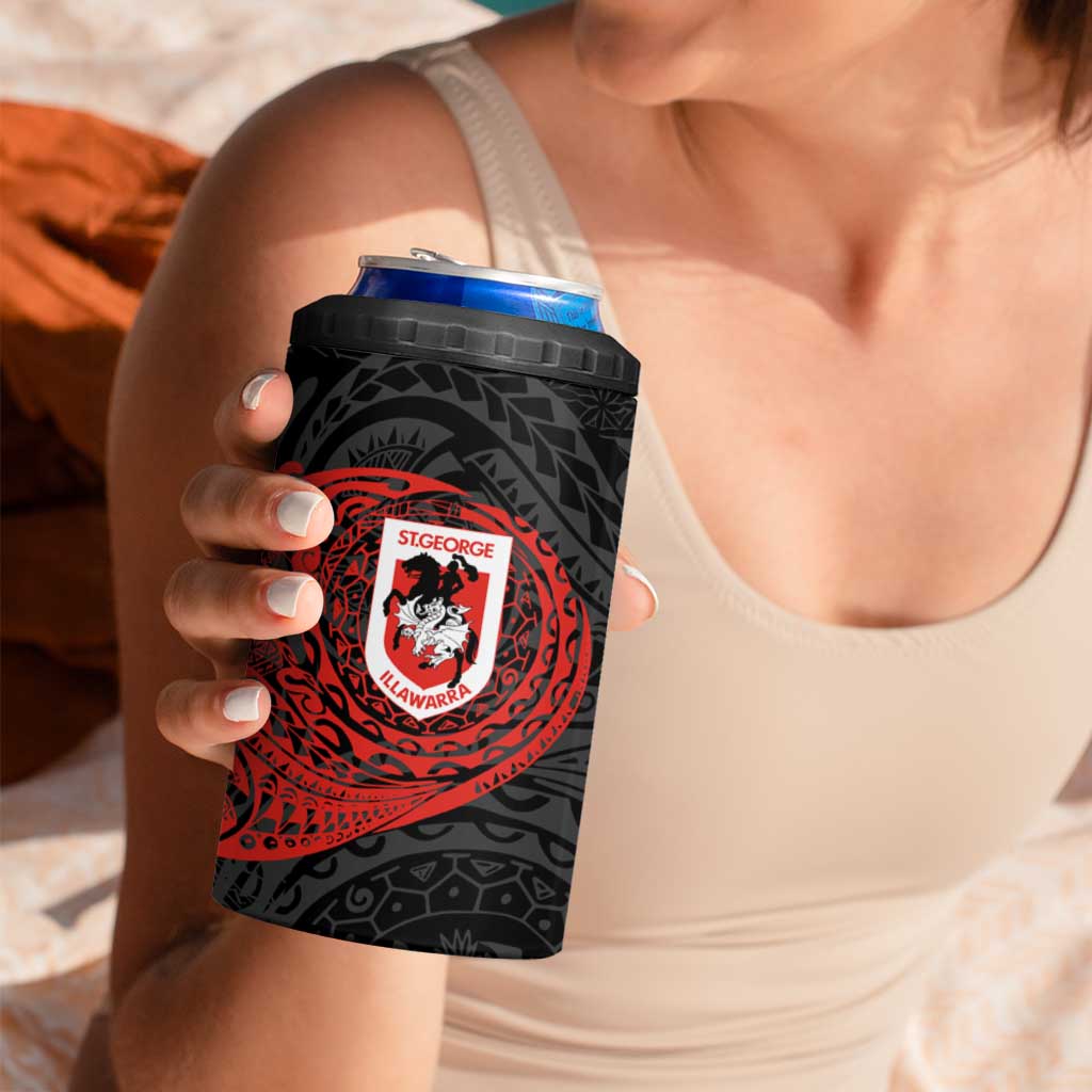 Personalized St George Illawarra Dragons 4 in 1 Can Cooler Tumbler Polynesian Tribal Chest and Sleeve Tattoo