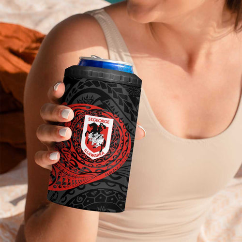 Personalized St George Illawarra Dragons 4 in 1 Can Cooler Tumbler Polynesian Tribal Chest and Sleeve Tattoo