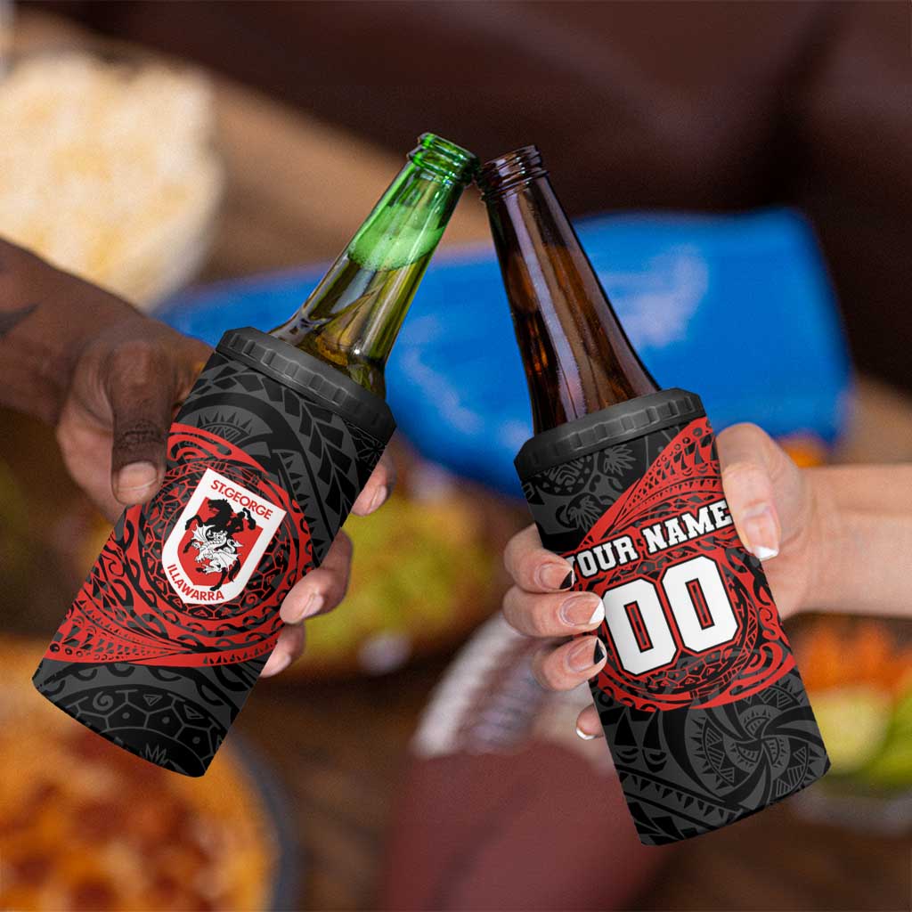 Personalized St George Illawarra Dragons 4 in 1 Can Cooler Tumbler Polynesian Tribal Chest and Sleeve Tattoo