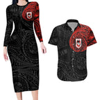 Personalized St George Illawarra Dragons Couples Matching Long Sleeve Bodycon Dress and Hawaiian Shirt Polynesian Tribal Chest and Sleeve Tattoo