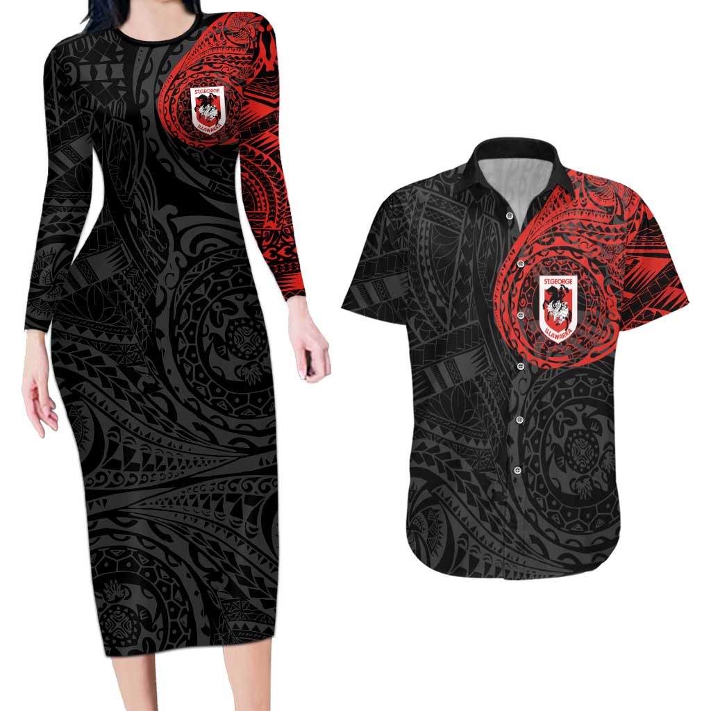 Personalized St George Illawarra Dragons Couples Matching Long Sleeve Bodycon Dress and Hawaiian Shirt Polynesian Tribal Chest and Sleeve Tattoo