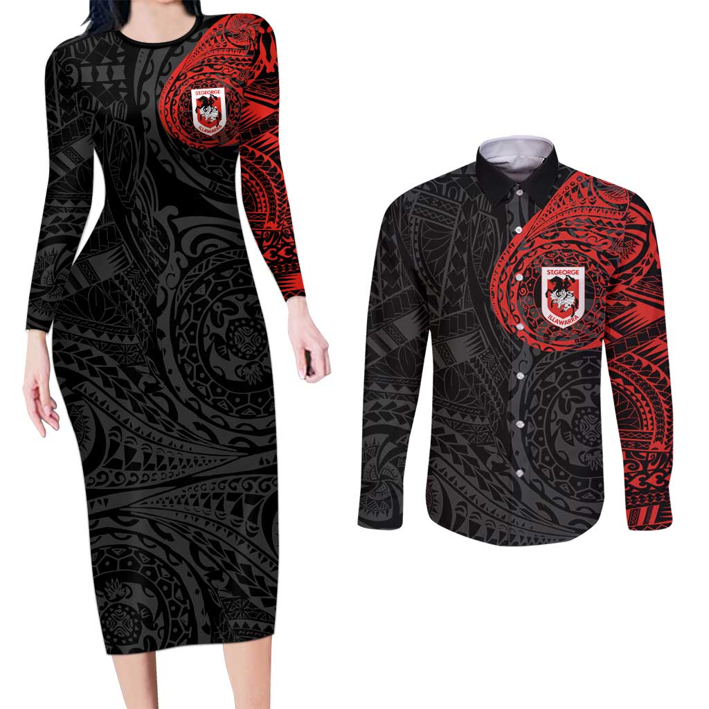 Personalized St George Illawarra Dragons Couples Matching Long Sleeve Bodycon Dress and Long Sleeve Button Shirt Polynesian Tribal Chest and Sleeve Tattoo