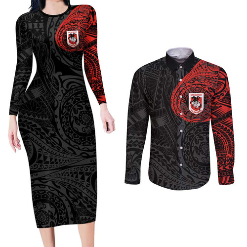 Personalized St George Illawarra Dragons Couples Matching Long Sleeve Bodycon Dress and Long Sleeve Button Shirt Polynesian Tribal Chest and Sleeve Tattoo