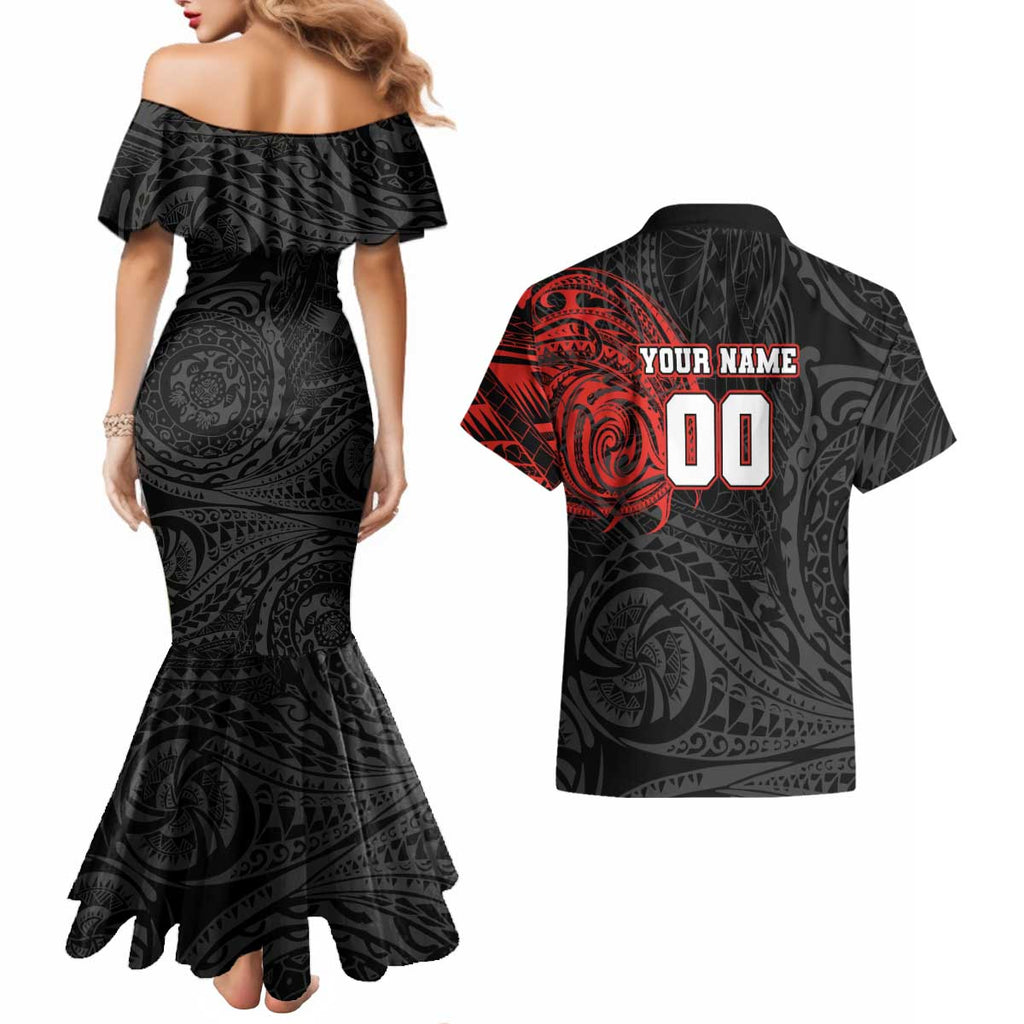 Personalized St George Illawarra Dragons Couples Matching Mermaid Dress and Hawaiian Shirt Polynesian Tribal Chest and Sleeve Tattoo