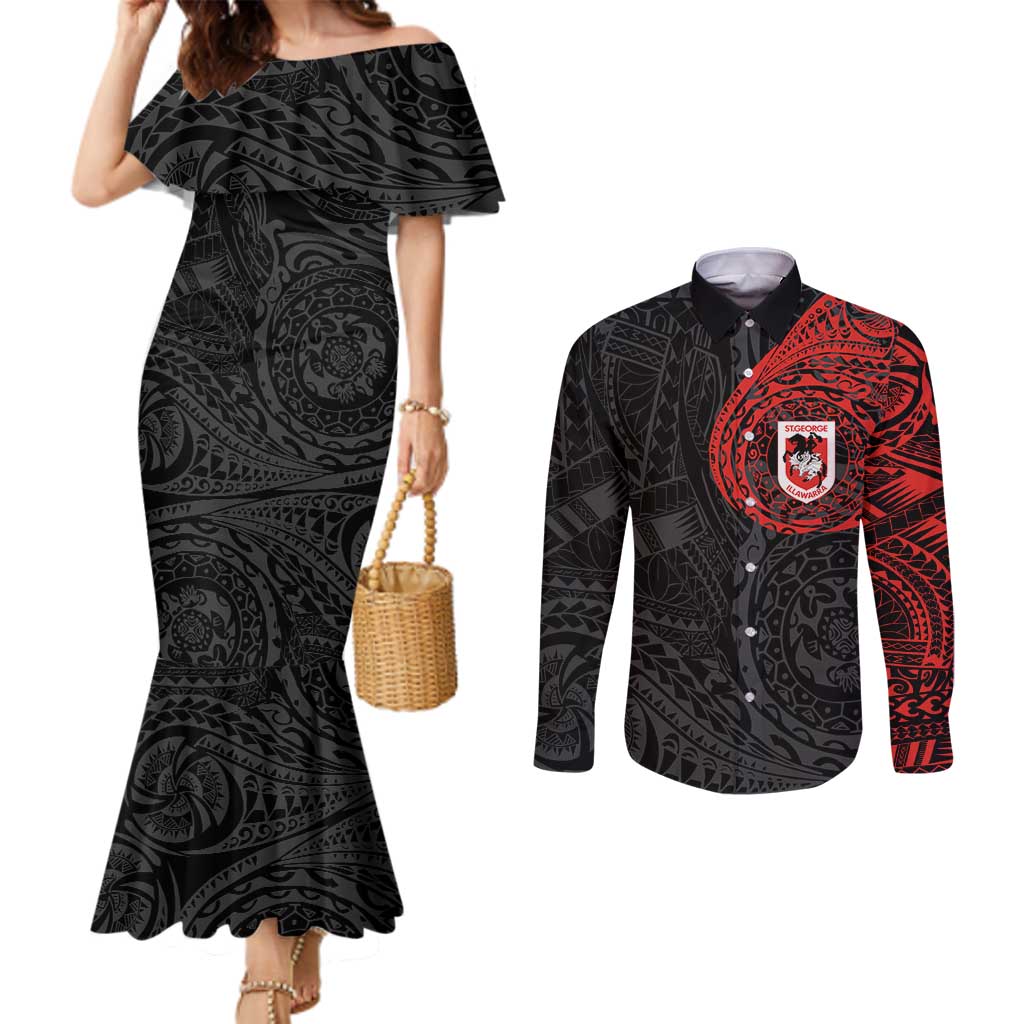 Personalized St George Illawarra Dragons Couples Matching Mermaid Dress and Long Sleeve Button Shirt Polynesian Tribal Chest and Sleeve Tattoo
