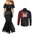 Personalized St George Illawarra Dragons Couples Matching Mermaid Dress and Long Sleeve Button Shirt Polynesian Tribal Chest and Sleeve Tattoo