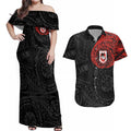 Personalized St George Illawarra Dragons Couples Matching Off Shoulder Maxi Dress and Hawaiian Shirt Polynesian Tribal Chest and Sleeve Tattoo