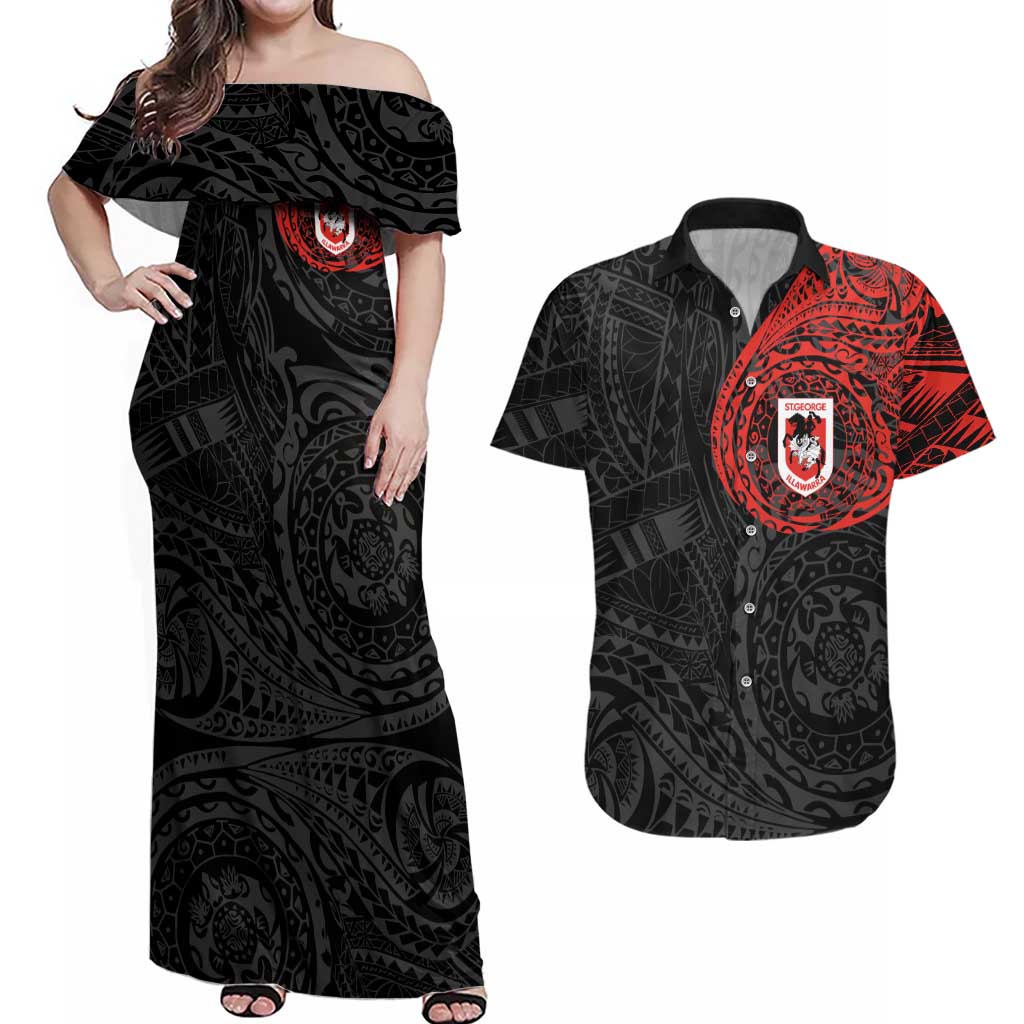 Personalized St George Illawarra Dragons Couples Matching Off Shoulder Maxi Dress and Hawaiian Shirt Polynesian Tribal Chest and Sleeve Tattoo