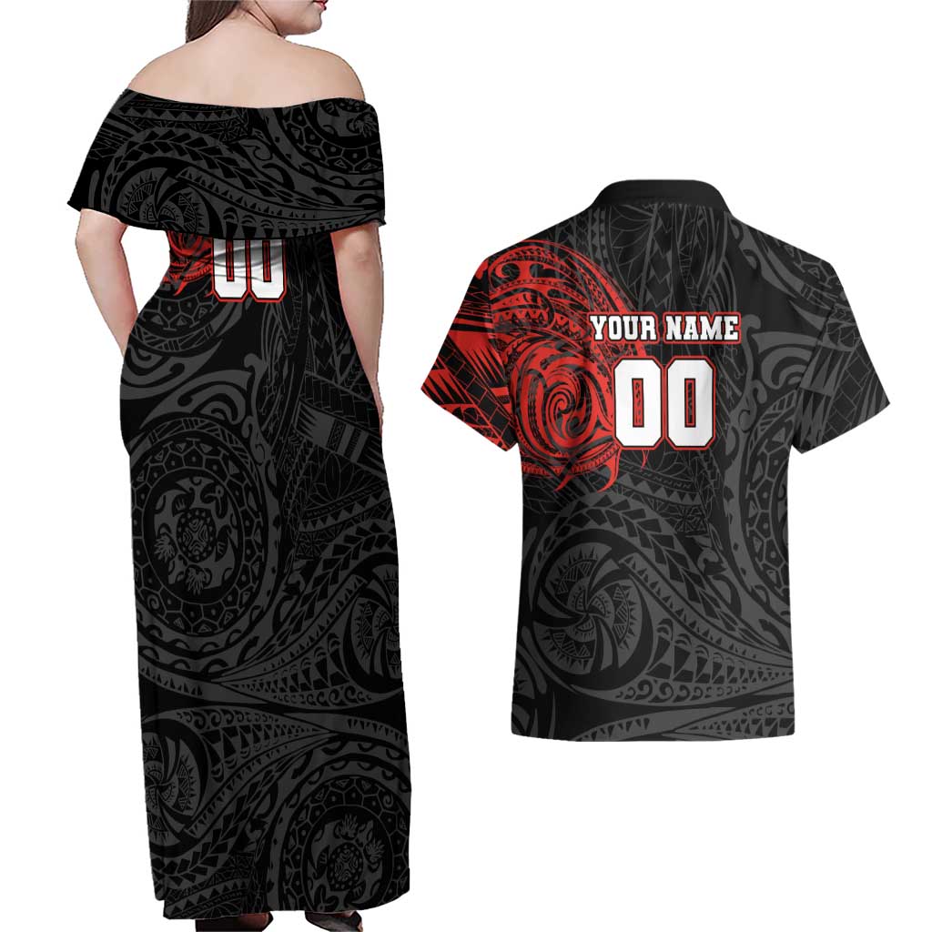 Personalized St George Illawarra Dragons Couples Matching Off Shoulder Maxi Dress and Hawaiian Shirt Polynesian Tribal Chest and Sleeve Tattoo