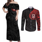 Personalized St George Illawarra Dragons Couples Matching Off Shoulder Maxi Dress and Long Sleeve Button Shirt Polynesian Tribal Chest and Sleeve Tattoo