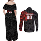 Personalized St George Illawarra Dragons Couples Matching Off Shoulder Maxi Dress and Long Sleeve Button Shirt Polynesian Tribal Chest and Sleeve Tattoo