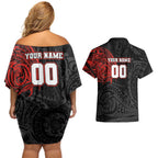 Personalized St George Illawarra Dragons Couples Matching Off Shoulder Short Dress and Hawaiian Shirt Polynesian Tribal Chest and Sleeve Tattoo