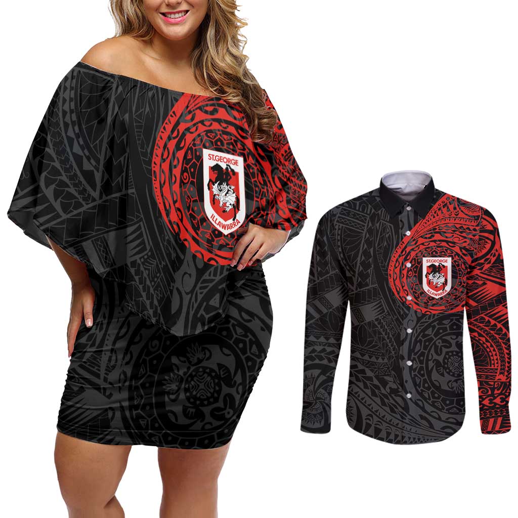 Personalized St George Illawarra Dragons Couples Matching Off Shoulder Short Dress and Long Sleeve Button Shirt Polynesian Tribal Chest and Sleeve Tattoo