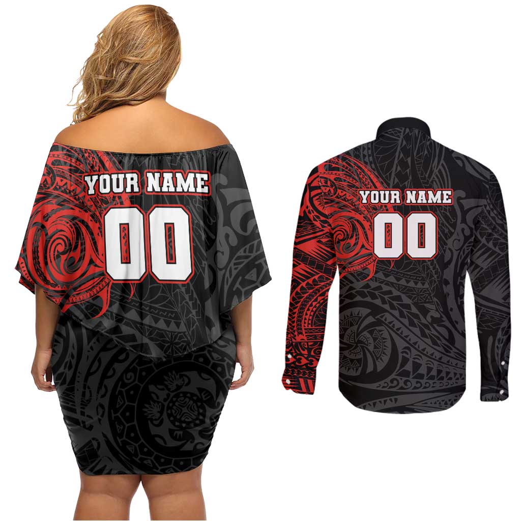 Personalized St George Illawarra Dragons Couples Matching Off Shoulder Short Dress and Long Sleeve Button Shirt Polynesian Tribal Chest and Sleeve Tattoo
