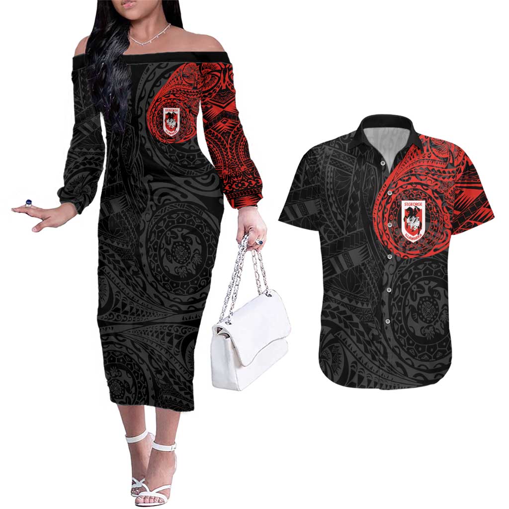 Personalized St George Illawarra Dragons Couples Matching Off The Shoulder Long Sleeve Dress and Hawaiian Shirt Polynesian Tribal Chest and Sleeve Tattoo