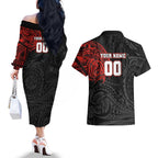Personalized St George Illawarra Dragons Couples Matching Off The Shoulder Long Sleeve Dress and Hawaiian Shirt Polynesian Tribal Chest and Sleeve Tattoo