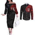 Personalized St George Illawarra Dragons Couples Matching Off The Shoulder Long Sleeve Dress and Long Sleeve Button Shirt Polynesian Tribal Chest and Sleeve Tattoo